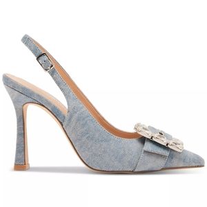 Rhinestones buckle denim heels pump light blue sz 9 new